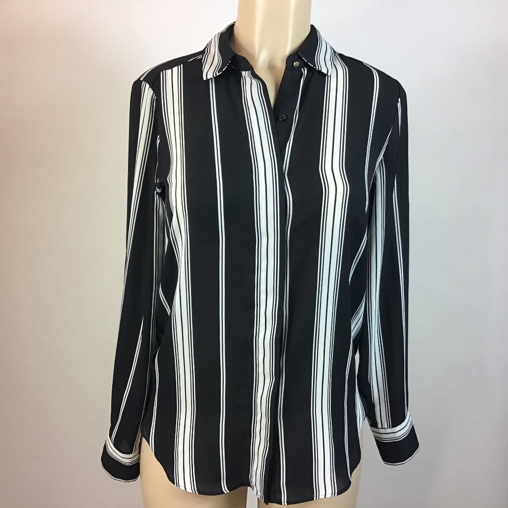 Mossimo Black White striped button down Women's Dress Shirt blouse Size XS